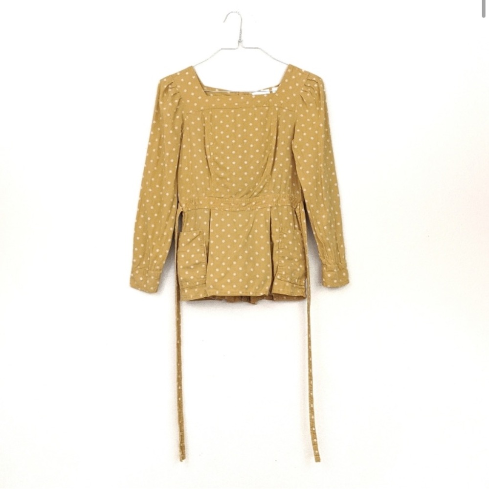 Maeve Anthropologie Mustard Yellow Tie Waist Button Back Blouse